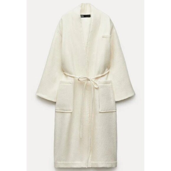 Zara Womens Overcoat Coat XS S Off White Ivory Manteco Wool Tie 8288/448 NWT - Picture 2 of 13